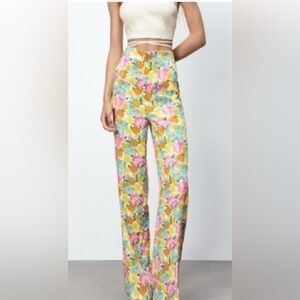 Zara Satin Effect High Waist Soft Colours Floral Print Ester Pants.